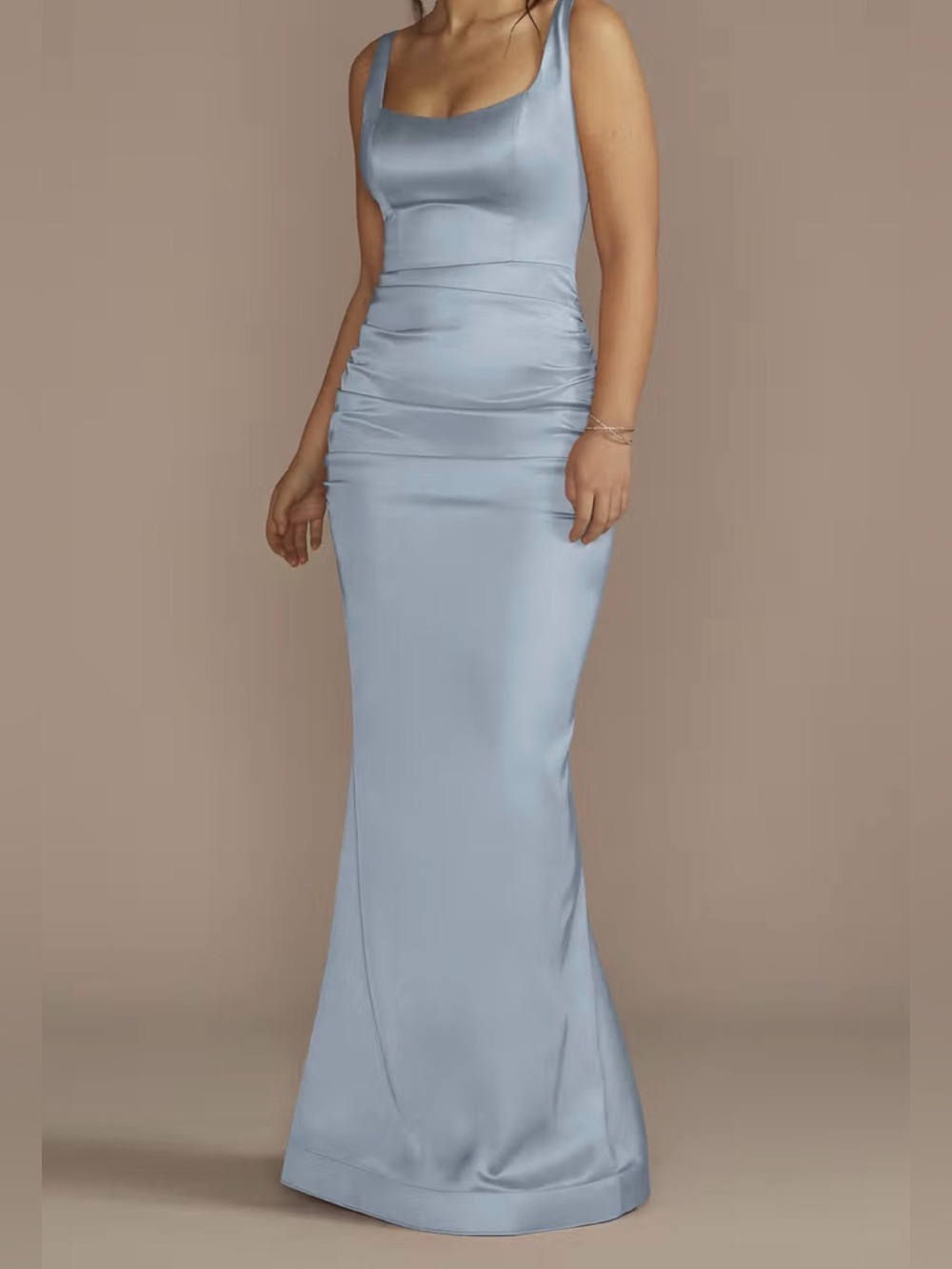 Blue Satin Ruched Formal Gown - Sleeveless Draped Dress